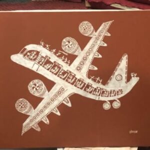 ワルリー画 飛行機 モチーフ インド民族画 白い線 赤土背景