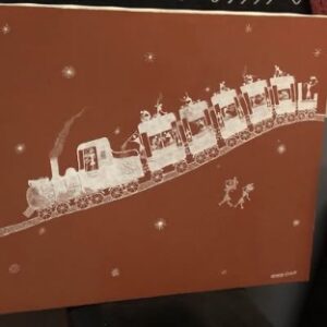 ワルリー画 列車 モチーフ インド民族画 白い線 赤土背景