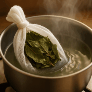 干した柿の葉をガーゼ袋に入れて湯へ。香りがやさしく広がります。