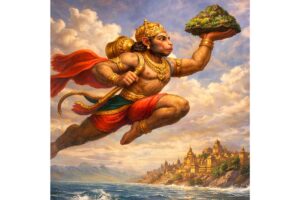 ハヌマンがランカへ飛ぶ神話の場面