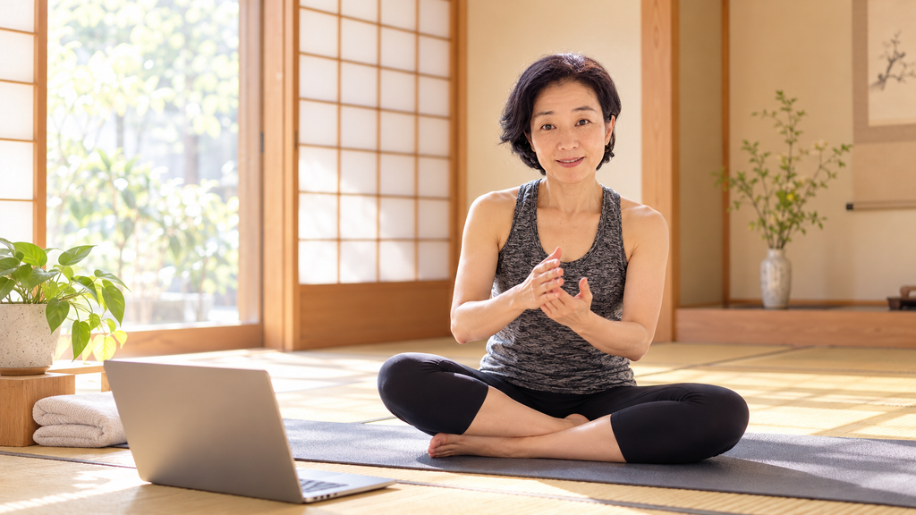 和室からオンラインでヨガを指導する講師のイメージ